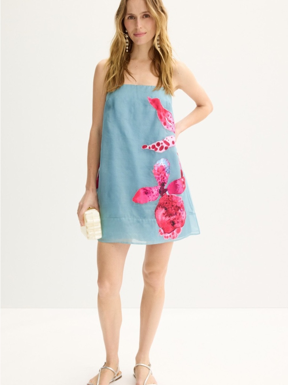 AMUR Blue Strapless Mini Dress with Pink Floral Accents